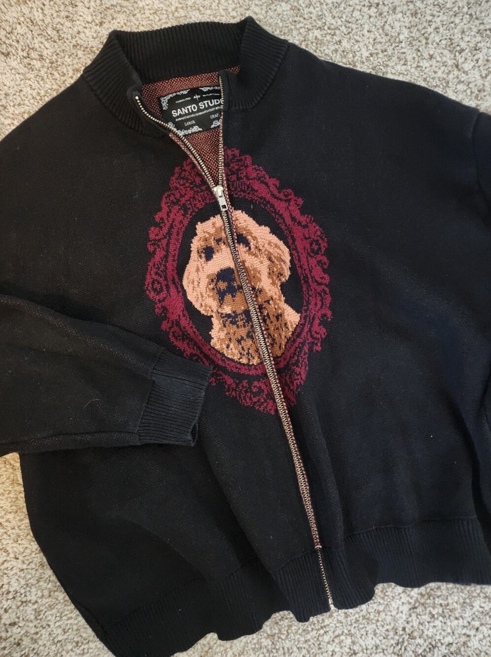 🔥SANTO STUDIO Dog Portrait Full Zip Knit Bomber Sweater Jacket Black  L Y2K ⚡️